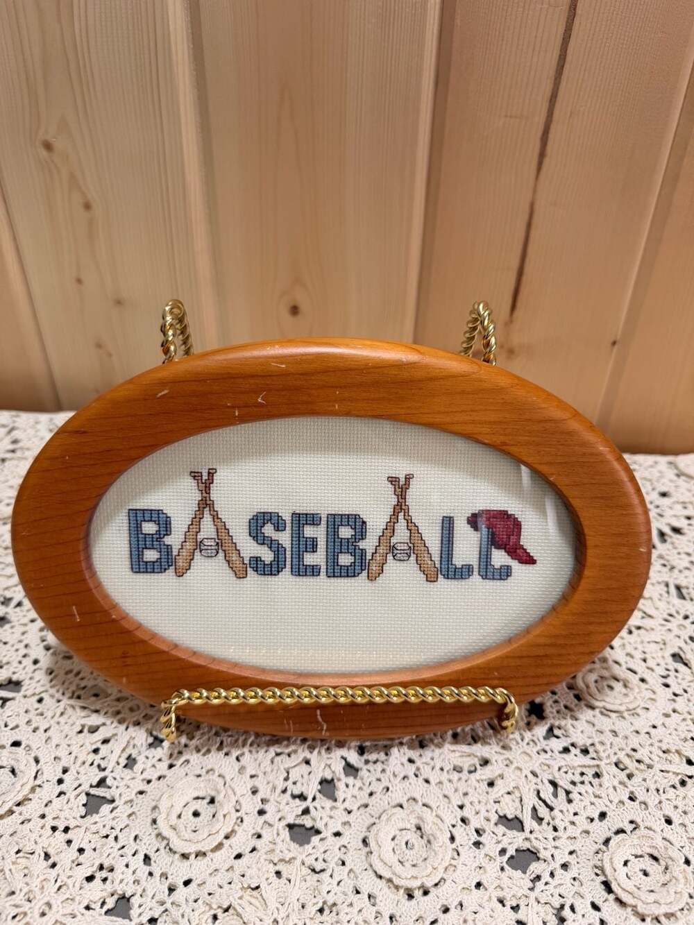 Vintage Baby’s Room Cottagecore Cross Stitch Baseball Oval Wood Framed Art Decor
